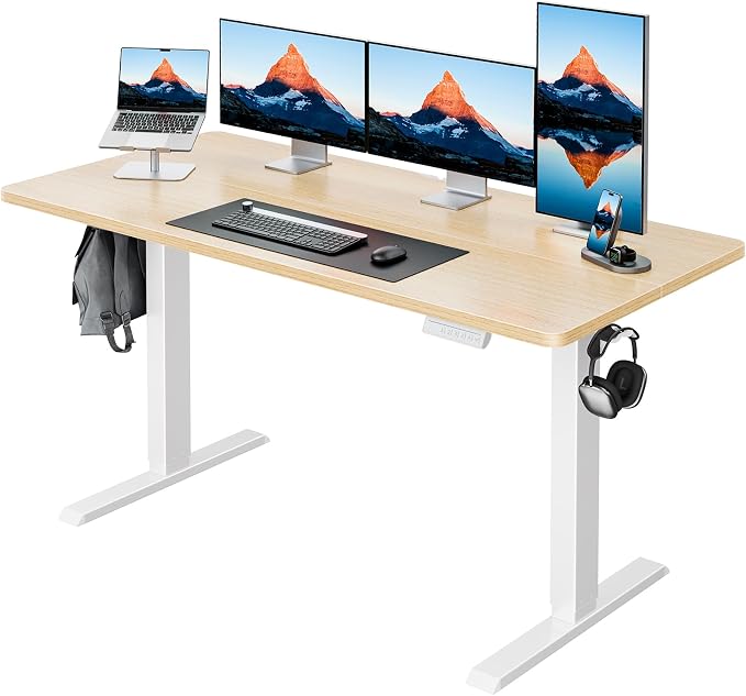 HUANUO 55 x 28 Inch Electric Standing Desk, Height Adjustable Computer Gaming Desk with 4 Memory Presets, Home Office Sit Stand Desk with Hooks & Cable Management, Natural