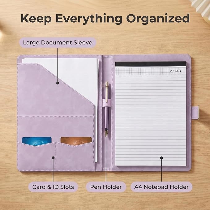 Portfolio Padfolio Binder, Faux Leather Professional Document Organizer with Business Card Holder, Letter-Sized Notepad Legal Pad Holder, Durable Executive Folder for Interviews, Meeting (Purple)