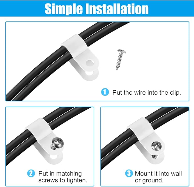 VIPMOON 100Pcs 3/8 Inch R Type Cable Clips, Plastic Cable Clamps White with 100Pcs Screws, Mounting Cable Fasteners for Electrical Wire Clamps Management