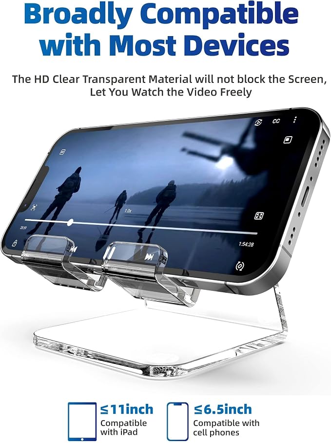 Acrylic Cell Phone Stand, Clear Phone Holder for Office Desk, Vanity, Kitchen, Bedside Table, Compatible with iPhone 17/Smartphones/iPad/Switch/Kindle, Office Desk Accessories
