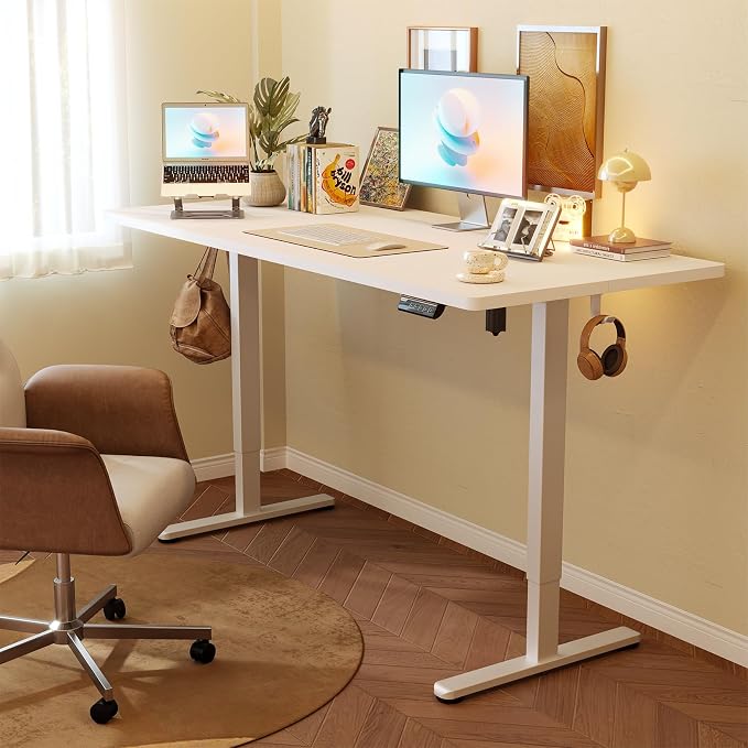 Monomi 55 Inch Electric Standing Desk, Height Adjustable Sit Stand Up, Work Home Office Computer PC Desks, Gaming Writing Study Bedroom Rising Table with Two-Piece Desktop, White