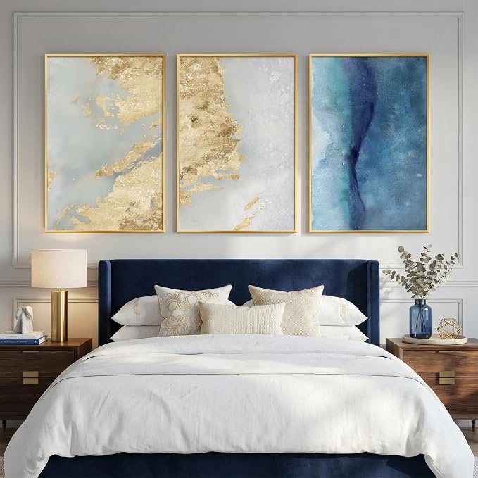 Large Framed Abstract Wall Art for Living Room, Luxury Modern 3 Piece Blue and Gold Prints Paintings Artwork for Walls, Contemporary Elegant Pictures Wall Decor for Dining Room Bedroom Office 24x36 In