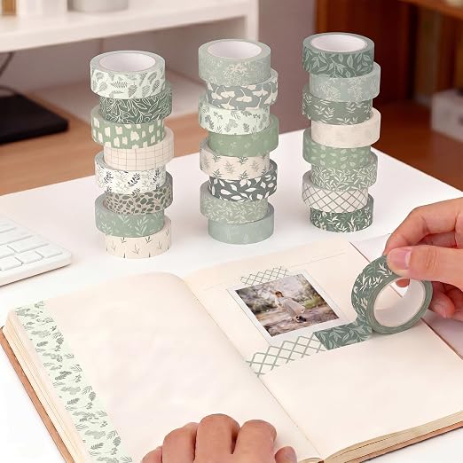 Gueevin 24 Rolls Watercolor Floral Washi Tape Set 15 mm Seasonal Flower Decorative Washi Tape for Craft Arts DIY Scrapbook Journaling Supplies Gift Wrapping(Greenery)