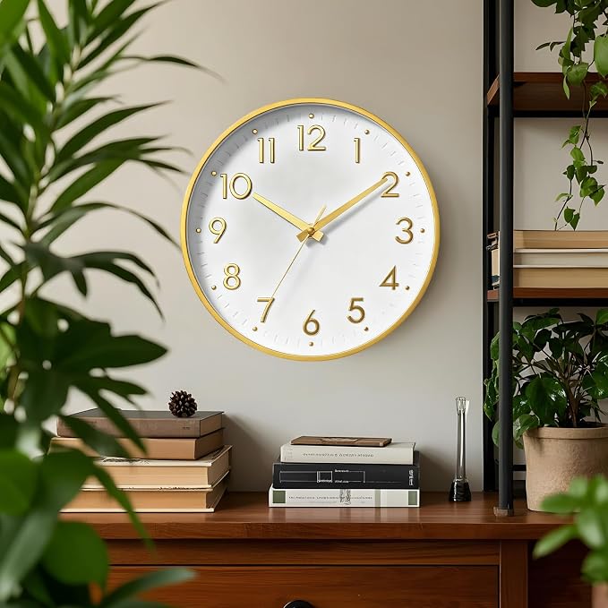 Mosewa Small 8 Inch Wall Clock Battery Operated Silent Non Ticking Analog | White Gold modern clock; oversized 3D easy-read dial for kitchen, bedroom & office; 1 AA battery (not included)