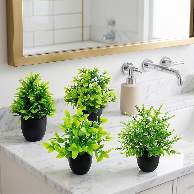 4 Pack Fake Plants Mini Artificial Potted Plants for Home Office Desk Decor, Small Faux Greenery with Black Pots, Assorted Fake Grass & Leaf Plants for Indoor Shelf Bathroom Kitchen Decoration
