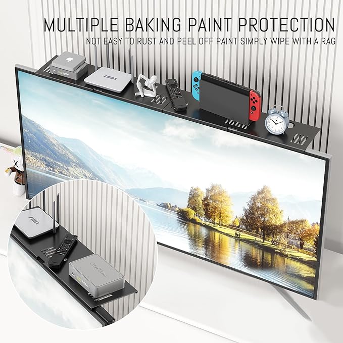 Adjustable Steel TV Top Shelf, Floating TV Stand, Universal Monitor Shelf for Soundbar, Game Console, Cable Box, Router Shelves (33.86X4.72inch)