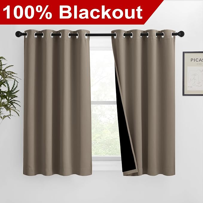 NICETOWN 100% Blackout Curtains with Black Liners, Solid Thermal Insulated Full Blackout 2-Layer Lined Drapes, Energy Efficiency Window Draperies for Bedroom (2 Panels, 46" W by 54" L, Taupe)