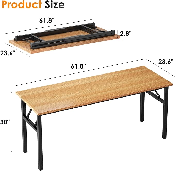 Need Folding Computer Desk, Large 62 inches Folding Table for Home Office, No Install Needed Foldable Writing Table Long Desk, Space-Saving, Teak and Black