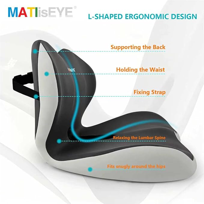Ergonomic Memory Foam Seat Cushion with Strap for Office Chair, Double Grey | Contoured coccyx cutout supports back and butt, with a non-slip base and washable cover for office chairs and cars.