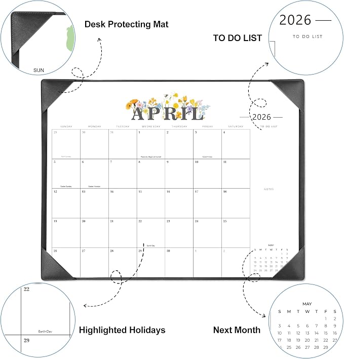 Desk Calendar 2026-2027 - 18 Month Desktop Calendars (Jan 2026–Jun 2027),Large 22x17 Monthly Calendar with Home & Office Floral Desk Pad Calendars (Black, 22 * 17)