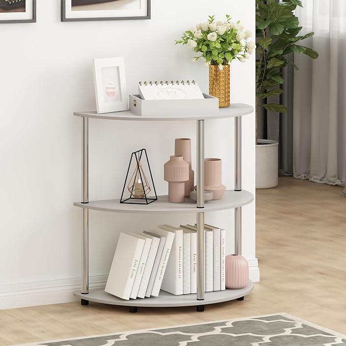 Furinno Frans Turn-N Half Round Console Table with Stainless Steel Tubes, White Oak, 15.6D x 31.1W x 30.8H in | Console Table with Storage Shelf, Narrow Sofa Side, Stainless Steel Tubes, for Living Room, Home Office, Entryway