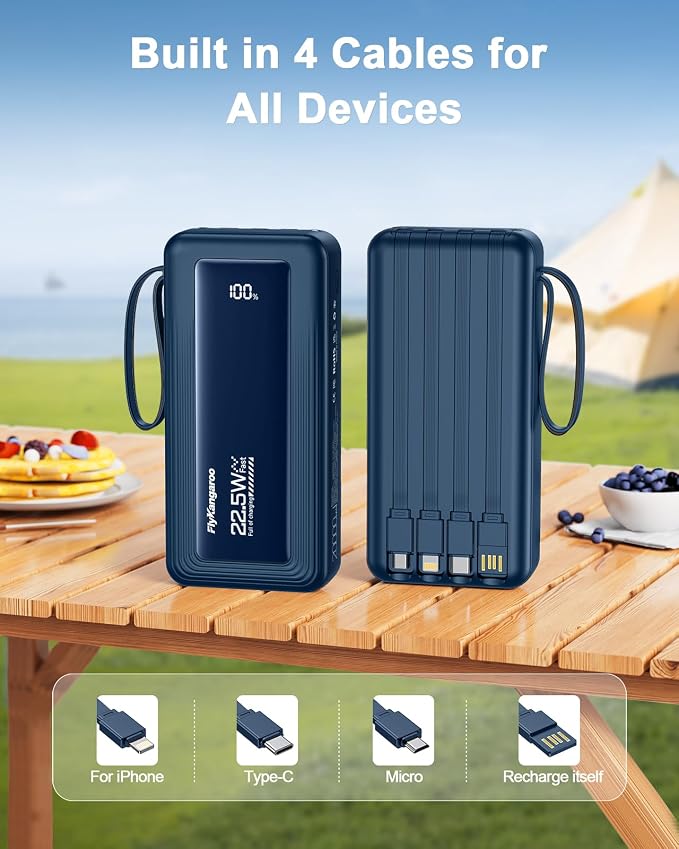 Portable Charger with Built-in Cables, 20000mAh Slim 22.5W Fast Charging Power Bank with LED Display, USB C Battery Pack 6 Outputs & 2 Inputs, Travel Essential Charger for iPhone, Samsung, Google etc