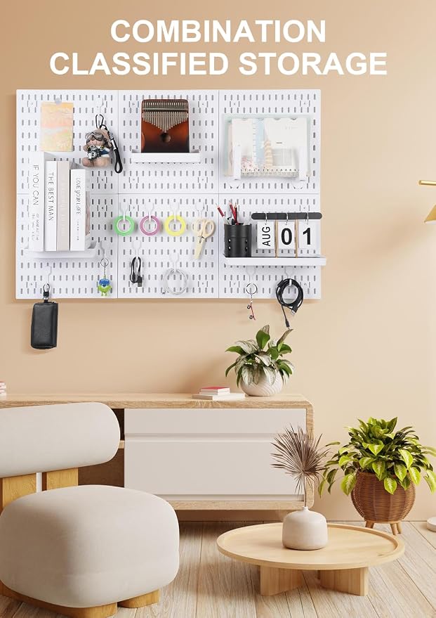 White Pegboard Wall Organizer Kit, 4 Pcs 12 x 12 in ABS Plastic Peg Board Panels with 10 Small Hooks, 2 Big Hooks, 2 Shelves, Wall Mounted Pegboard for Desk, Craft Room, Office and Kitchen Storage