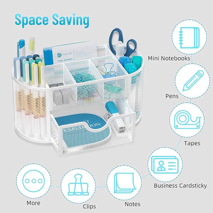SUPEASY Mesh Desk Organizer, Desk Accessories & Workspace Organizers with Drawers, Pencil Holder for Desk with 9 Compartments for Office Supplies, School, Classroom, 8.6 x 4.3 x 4.1 Inch, White