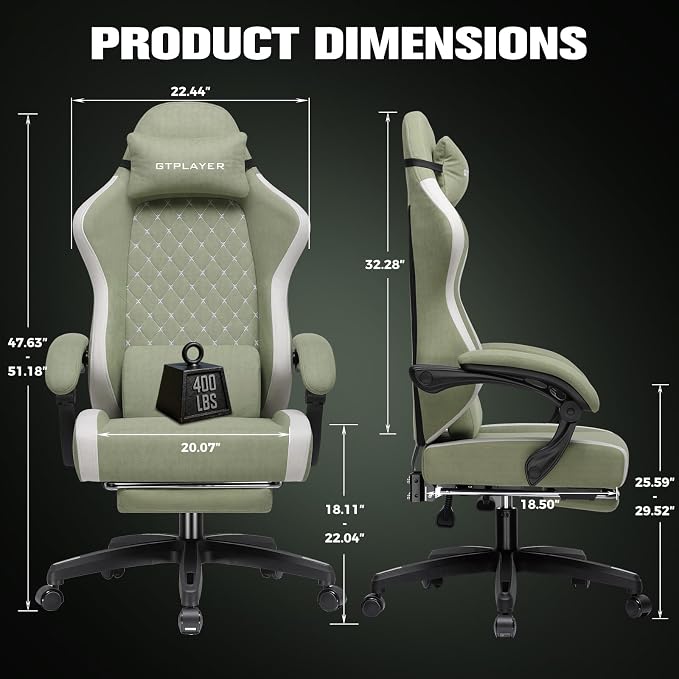 GTPLAYER Big and Tall Gaming Chair 350lbs Heavy Duty Office Chair with Foot Rest, High Back Pocket Spring Ergonomic Computer Chair for Adults, Wide Comfy Seated Cushion with Linkage Armrests, Green
