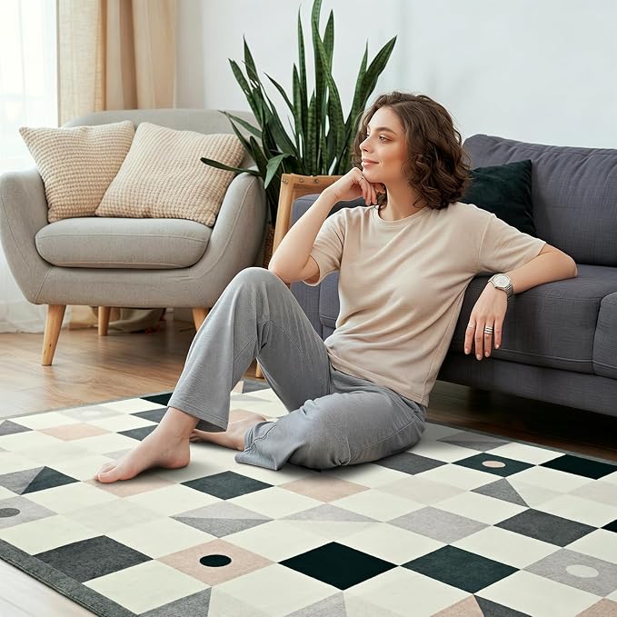 Terrug Grey and Beige Geometric Round Rug 5ft for Dinner Room, Soft Non-Slip Washable Circle Play Mat for Bedroom Playroom, Neutral Tone Area Rugs for Home Office