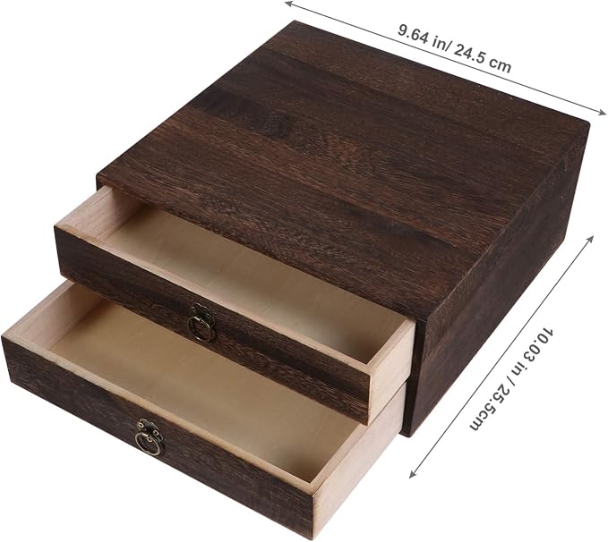 Cabilock Wooden Desktop Drawer Organizer Vintage Wood Box with Drawer Retro Desk Storage Box with Pull Ring for Office Supplies Home Desk Accessories 10.03 X 9.64 X 4.33 in