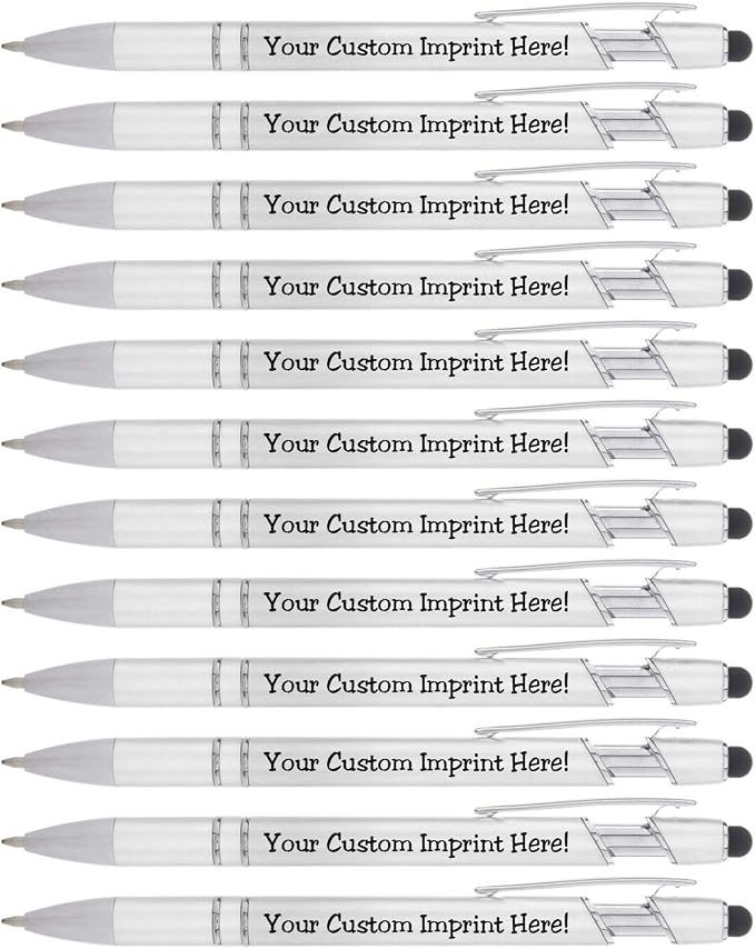 ExpressDesigns™ - Personalized Pens with Stylus - The Legacy - Custom Metallic Printed Name Pens - Black Ink - Imprinted with Logo or Message - Great Gift Ideas - Customizable -12 pcs/pack (Silver)