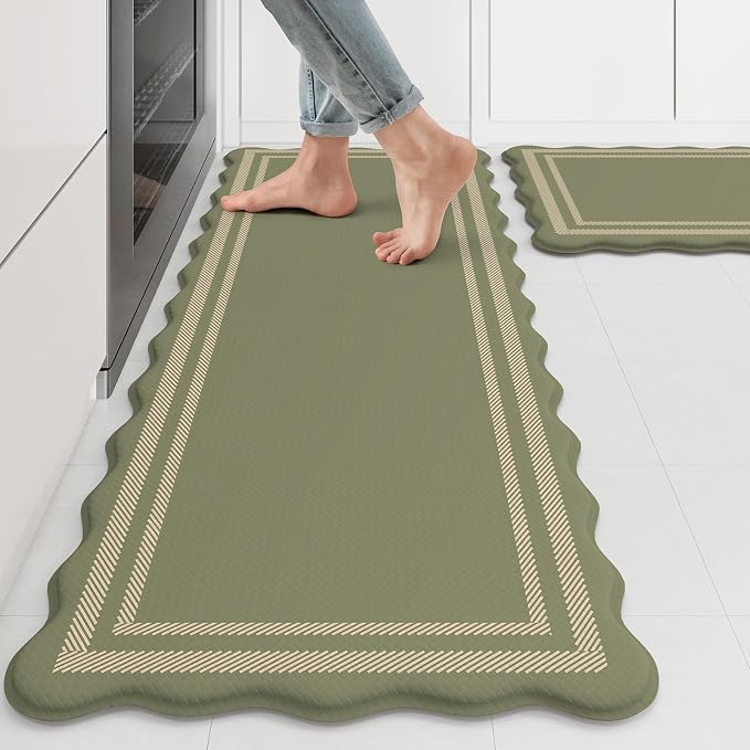 KIMODE Anti Fatigue Mats for Kitchen Floor,Farmhouse Kitchen Rugs Sets of 2 | 17"x47"+17"x29" Cushioned Kitchen Floor Mat Non Skid, Memory Foam Kitchen Mat for Laundry Office Sink Desk Dorm Olive Green