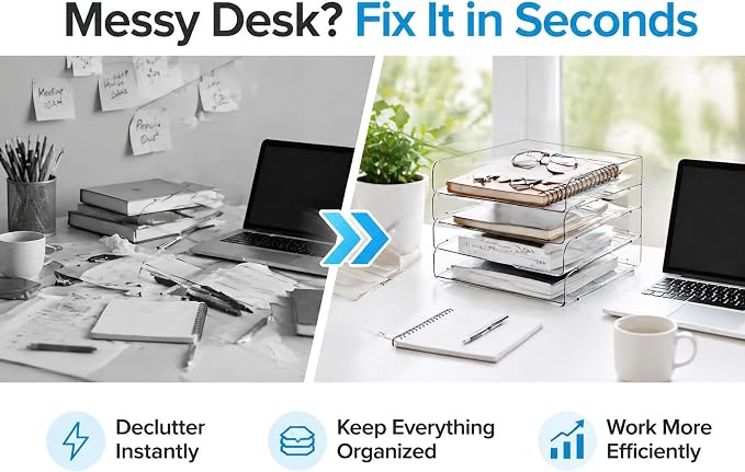 DCA 4 Tier Clear Desk Organizer Letter Tray with 3 Multi-Use Modular Panels | Transparent Desktop System | Modular & Expandable | Office, Home & School