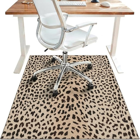 48"x72" Office Chair Mat for Hardwood Tile Floor, Under Desk Carpet Protector for Rolling Computer Chair Mat, Machine Washable Area Rug, Anti-Slip 1/5" Thick Low Pile Thin Vinyl Floor Mat, Leopard