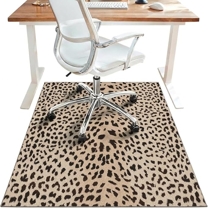 48"x60" Office Chair Mat for Hardwood Tile Floor, Under Desk Carpet Protector for Rolling Computer Chair Mat, Machine Washable Area Rug, Anti-Slip 1/5" Thick Low Pile Thin Vinyl Floor Mat, Leopard