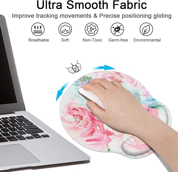 Britimes Flower Painting Watercolor Abstract Ergonomic Mouse Pad Set with Wrist Rest Non-Slip Rubber Base Wrist Cushion Support and Coasters Mousepad with Wrist Support for Computer Keyboard and Desk