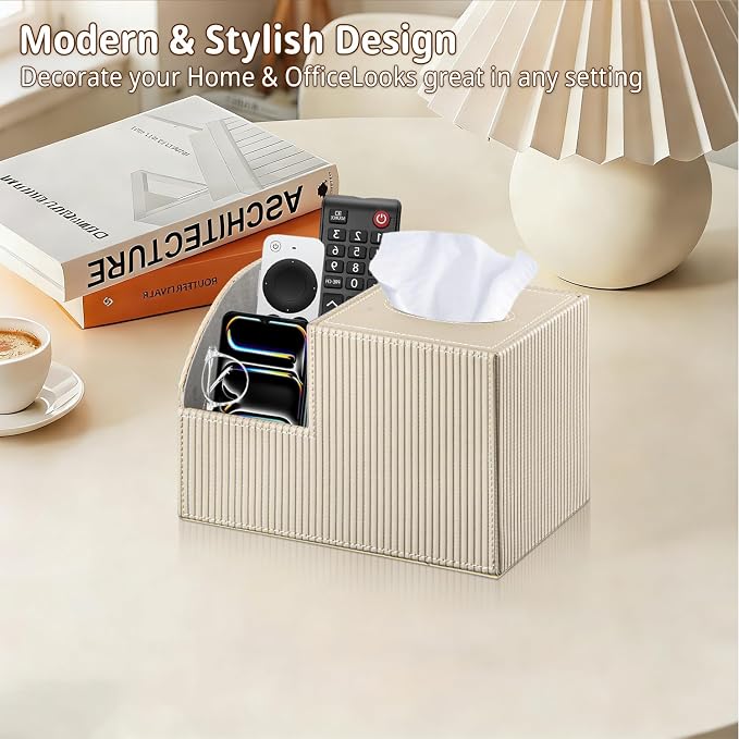 PU Leather Square Tissue Box Cover with Storage,Facial Tissue Box Holder | Multi-Functional Tissue and Remote Control Holder,Cube Tissue Box Organizer/dispenser for Bathroom,Nightstand,End Table Decor