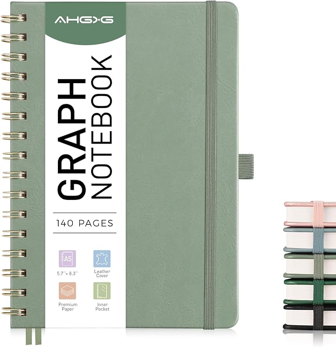 AHGXG Graph Paper Notebook - Spiral Notebook Hardcover Leather Journal 140 Pages, A5 Grid Paper Notebook 5.7" x 8.3", 100 gsm Thick Paper, for School Writing Graphing Engineering, Sage Green