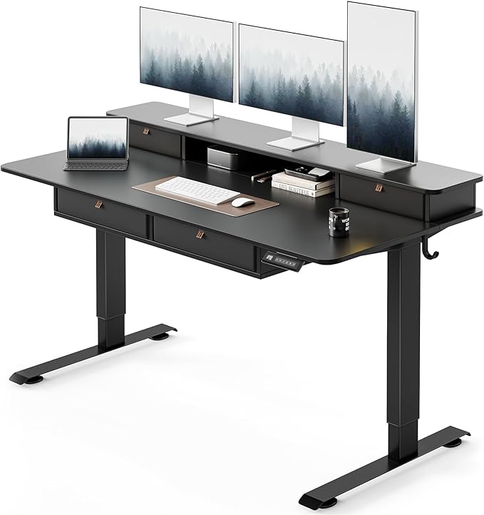 FEZIBO 55 x 30 inch Standing Desk with Drawers, Height Adjustable Electric Workstation, Computer Sit Stand Up Table with Large Storage Shelf 4 Drawers and 2 Hooks, Black | Height Adjustable Workstation, Computer Sit Stand Up Office Table with Large Sto...