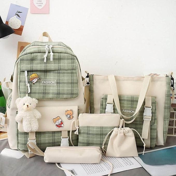 Aobiono 5Pcs Kawaii Plaid Backpack Set Aesthetic Preppy Cute Check with Pins Bear Pendant Light Academia School Supplies Kit