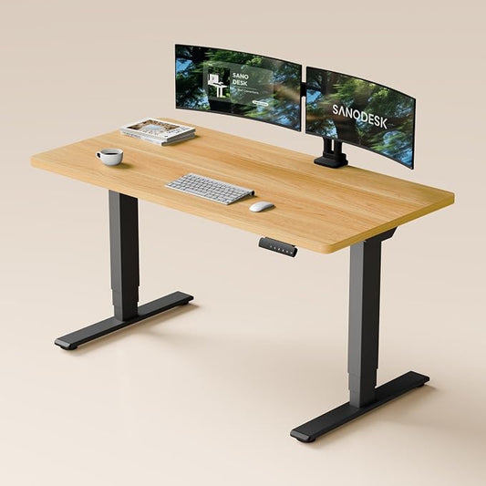 SANODESK Dual Motor Standing Desk 220lbs Height Adjustable Desk | 55"x28" Spacious One-Piece Maple Desktop & Black Frame, 4 Memory Presets, 3-Stage Legs, 220lbs, 2-Box for Home & Office