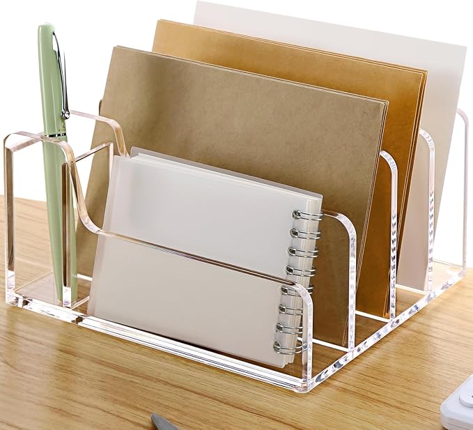 Acrylic Mail Organizer for Desk, 5 Compartments Letter Sorter with Pen Holder, Clear Desktop File Folder & Notebook Holder, Cute Office Supplies Organizer for Home Office School