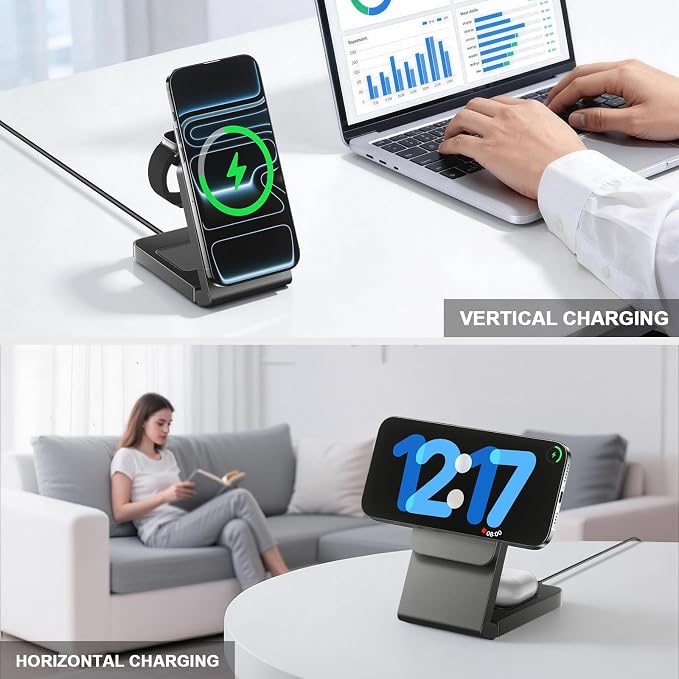 3 in 1 Wireless Charger Station for Multiple Devices, Foldable Magnetic Charging Stand, Portable Fast Travel Wireless Charger for iPhone17/16/15/14/13/12 Pro Max/ AirPods2/3/4 and IWatch Ultra Series