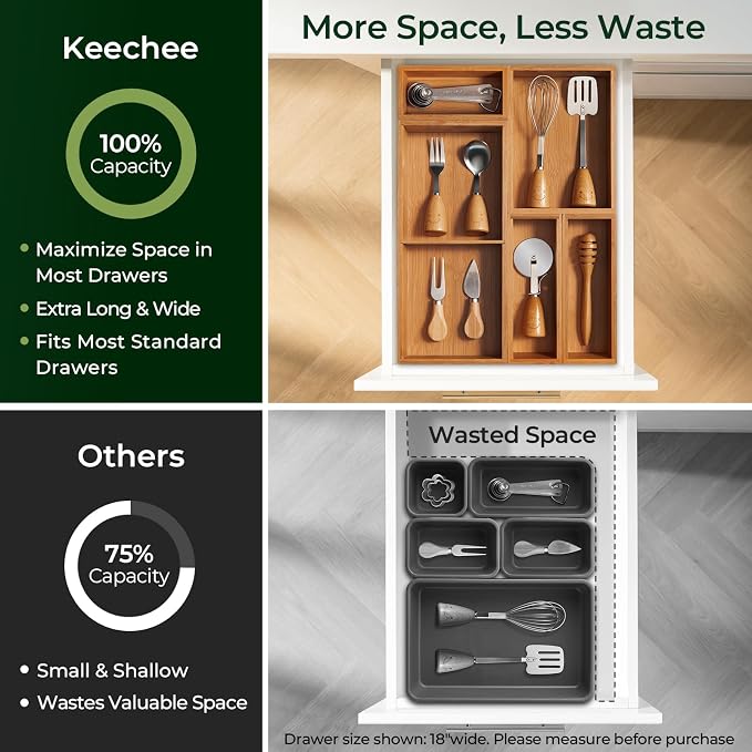 keechee 5-Piece Bamboo Drawer Organizer Set, 2.2" Deep Multi-Use Organizers for Utensils, Silverware, Cutlery, Desk, Bathroom, Junk Drawer & Makeup, Non-Slip Feet Included.