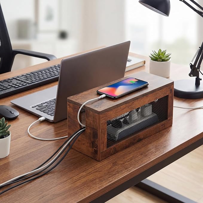 Chunful Extra Large Cable Management Box, 16'' Wood Cord Box Organizer with Ventilation Nets & Organizer for Power Strip, TV Wires & Desk Cable Storage, Magnetic Lid Hide Floor Cables
