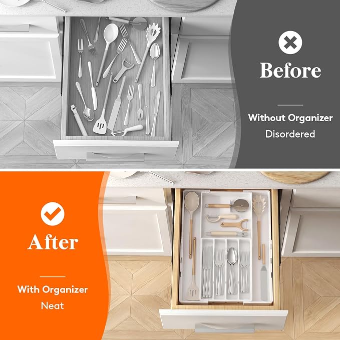 Lifewit Silverware Drawer Organizer, Expandable Utensil Tray for Kitchen, BPA Free Flatware and Cutlery Holder, Adjustable Plastic Storage for Spoons Forks Knives, 4-7 Slots, White