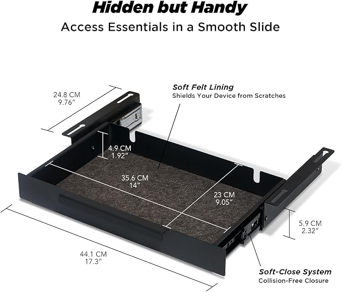 Moodular Storage Drawer Add-On for Slide Rails, Do Not Use Alone | Accessory Only, Soft-Closing System, Hidden Storage, Felt Interior, Sturdy Steel Frame, Declutter Your Desk, Black, MSA-DR