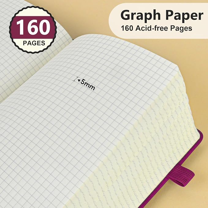 PERCUN A5 Hardcover Graph Paper Notebook, 5.9”x8.5” Leather Journal for Women & Men, 160 Pages Grid Paper Composition Notebook for Work, School, Math, Quad Ruled Writing Journals,Graphing (Burgundy)