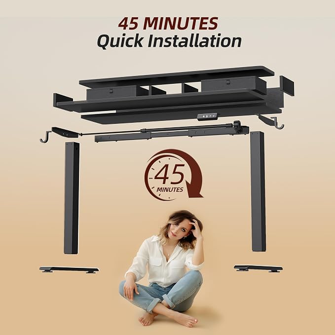 TIQLAB Standing Desk with Two Drawers, Stand Up Standing Desk Adjustable Height, Electric Sit Stand Table with Storage Shelf and Splice Board, 55 * 24 inch, Black