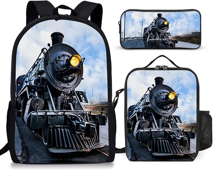 3PCS Train Print Backpack for Boys Girls Teens, School Backpack with Lunch Box Pencil Case for Elementary Middle High Students, 17 Inch Lightweight Bookpack 3 in 1 Set Back to Shool Gifts for Kids