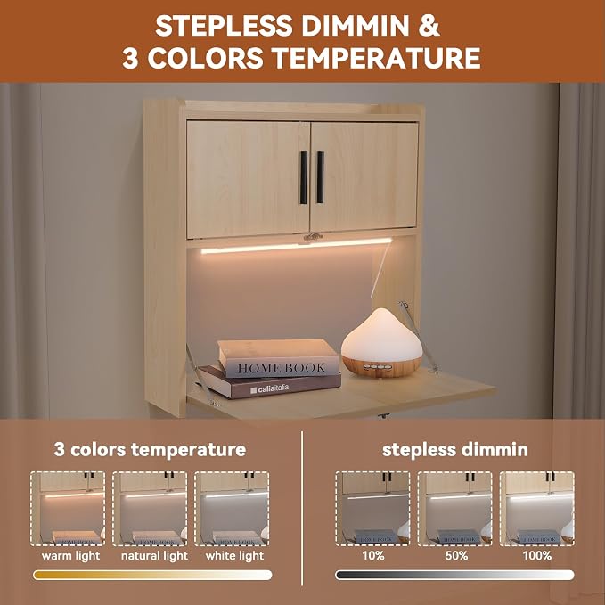 ARTETHYS Wall Mounted Desk Folding with LED Light Drop Down Hanging Desk | 3 Color Adjustable Light, Writing Workstation with Storage Compartment, Space Saving for Home Office, Wood Color