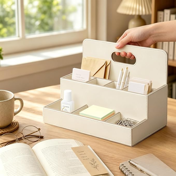 Mail Organizer Countertop, Office Desk Accessories Bill Sorter File Holder | PU Leather Aesthetic 8-Slot Art Supplies Storage Box for Stationery,TV Remote Control,Letter,Notebook,A4 paper,Home Decor