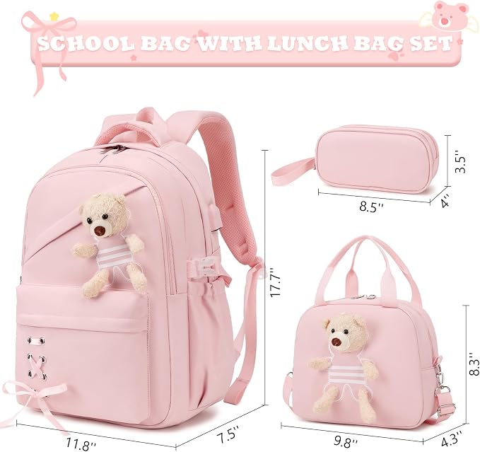 ACESAK School Backpack for Girls - 3 PCS Cute Girls Backpack with Lunch Box & Pencil Case - Kawaii Casual Kids Bookbag School Bag Daypacks Set for Elementary Middle High School Student Teens (Pink)