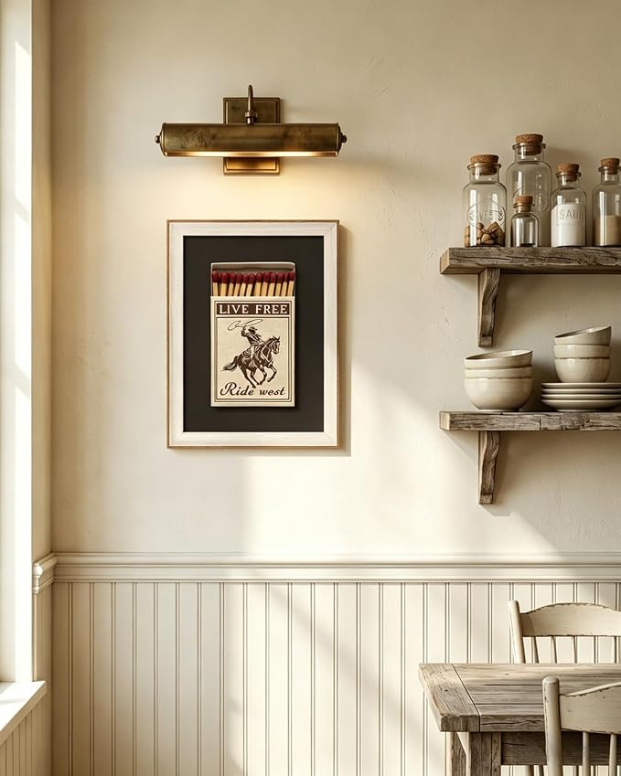 VIYYIEA Vintage Framed Wall Art for Living Room, Retro Matchbox Cowboy Riding Horse Canvas Print, Western Rustic Bathroom Poster, Wall Decor for Bedroom, 16L x 12W