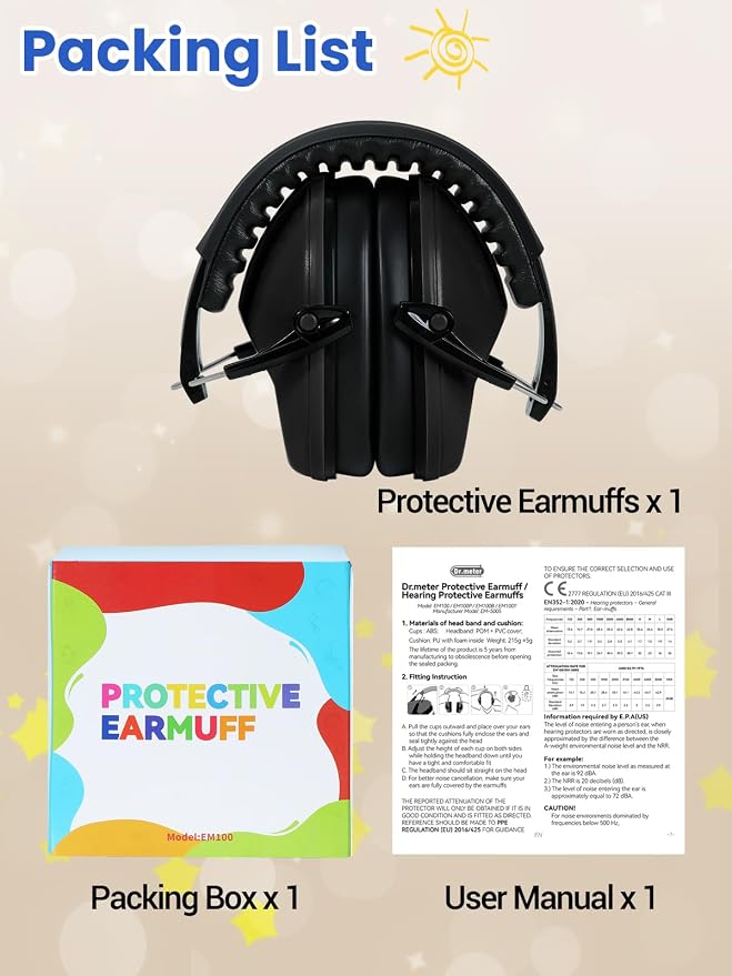Dr.meter Noise Cancelling Ear Muffs: EM100 SNR27.4 Ear Muffs for Noise Reduction - Kids Noise Cancelling Headphones with Adjustable Headband for Monster Truck Autism Sensory Mowing Firework-Black