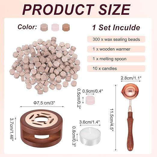 PATIKIL Wax Seal Kit, 300 Pcs Wax Sealing Beads, Wooden Warmer, Melted Spoon, 10 Pcs Tealight Candles for Envelope Letter Mailing Crafts DIY, Powdered Water/Light Pink/Almond Skin