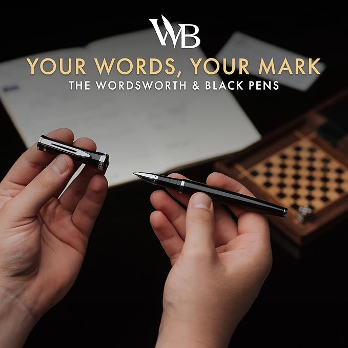 Wordsworth and Black Rollerball Pen - Luxury Pen - Chrome Finish, Black Lacquer, Ink Refill, Refillable, Gift for Men & Women, Professional Writing, Nice and Fancy Pens and for Work