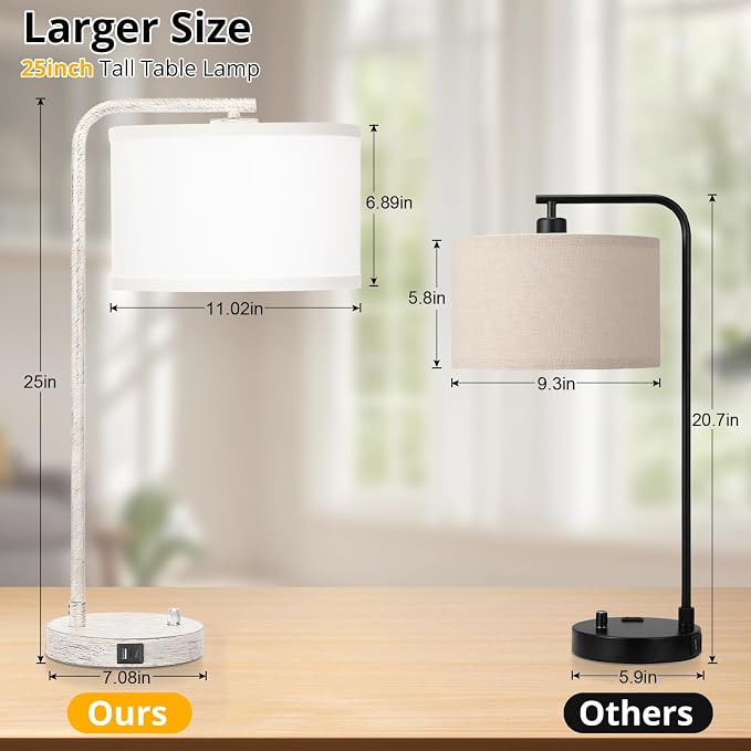 Seaside village Bedside Table Lamp with USB C+A Charging Ports, Fully Stepless Dimmable Modern Farmhouse Nightstand Lamp, Tall Reading Desk Lamp for Bedroom, Living Room, Office, 9W LED Bulb Included