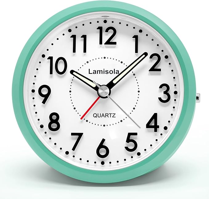 Lamisola 4 Inch Alarm Clock for Bedrooms, Small Analog Desk Clock, Mint | Battery Operated Bedside Clock for Bedroom Bathroom Home Nightstand Shelf, Night Light Snooze, Minimalist Clocks for Seniors